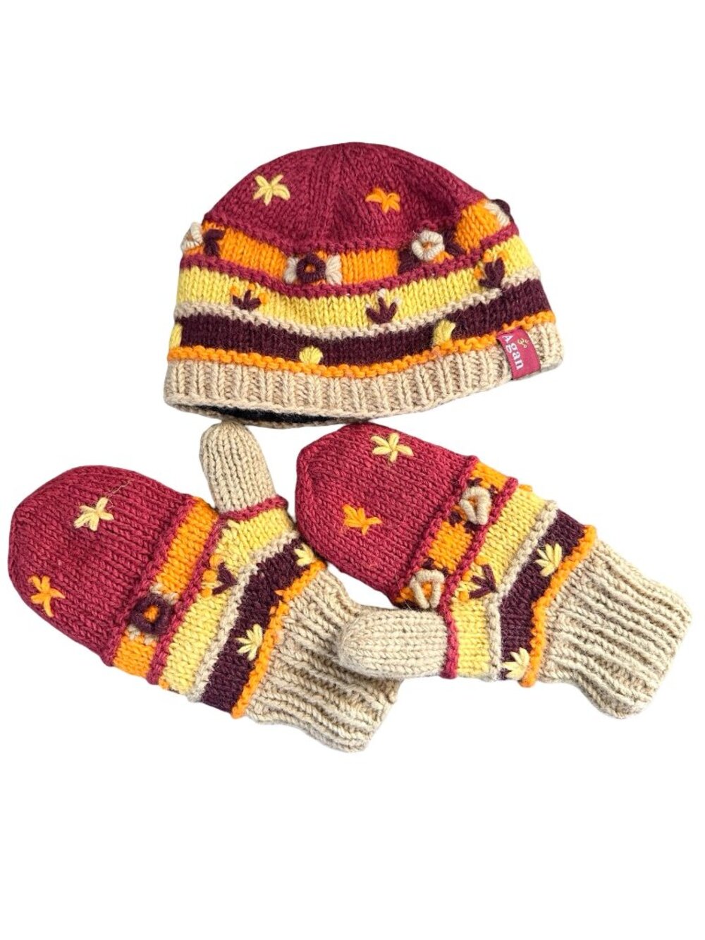 New Agan Nepal Hand Knit Beanie Hat Wool Chunky Lost Horizons Hippie Mittens